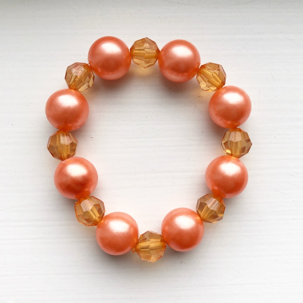 Orange / salmon & amber beaded elastic bracelet